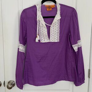 Tory Burch Cotton Purple Boho Marissa Poplin Peasant Tunic Embroidered Size 8